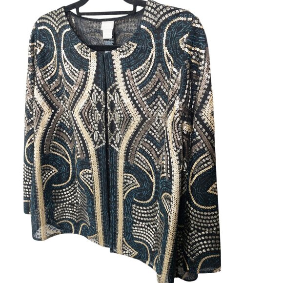 Chico's Sheer Open Jacket Travelers Collection Gold Black Geometric SZ L Sequin - Picture 4 of 11